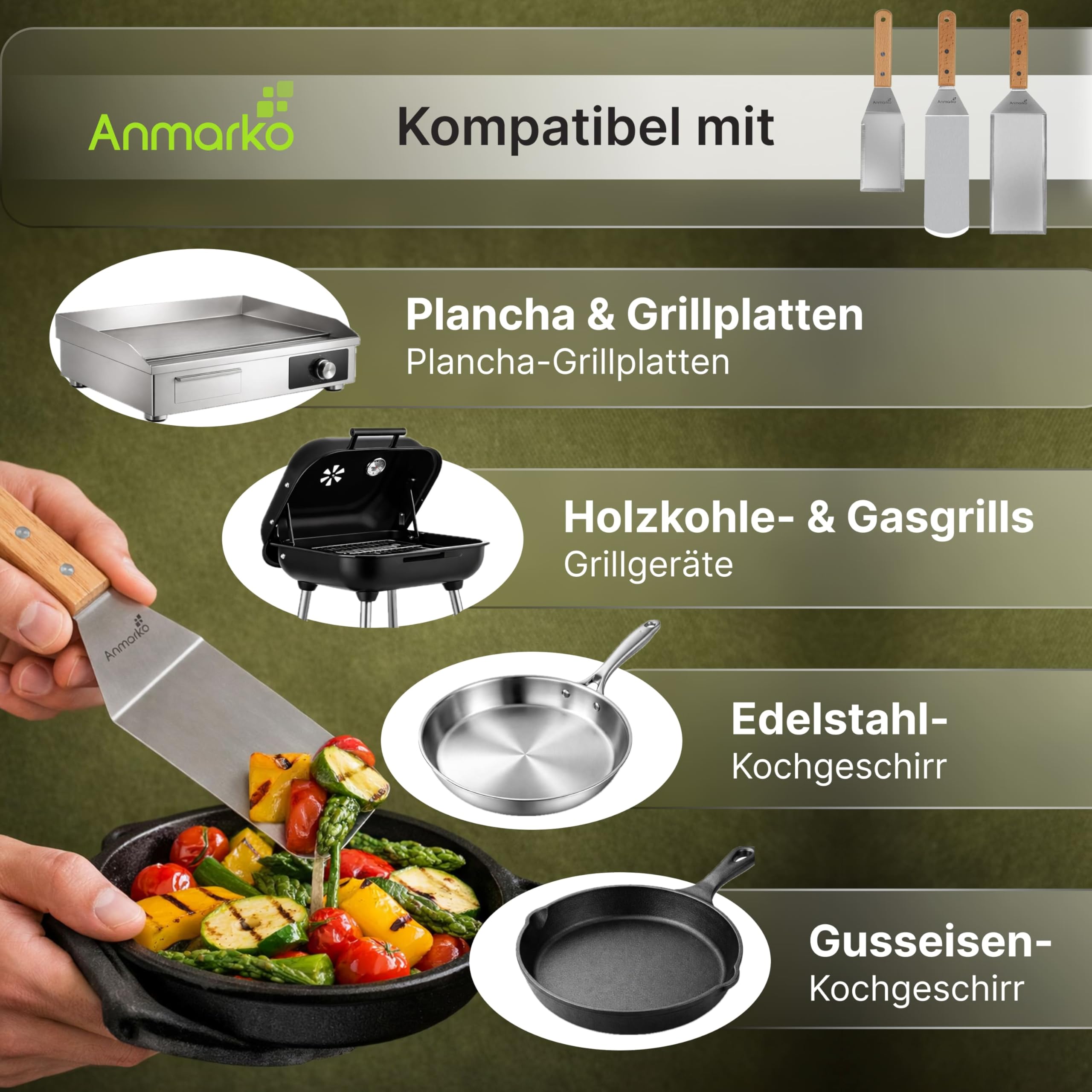Edelstahl Metall Pfannenwender Set - Grillschaber Flachspachtel Pfannkuchen Flipper Hamburger Pfannenwender - Metall Utensil ideal für BBQ Grill flache Oberseite Gusseisengrill - Zubehör