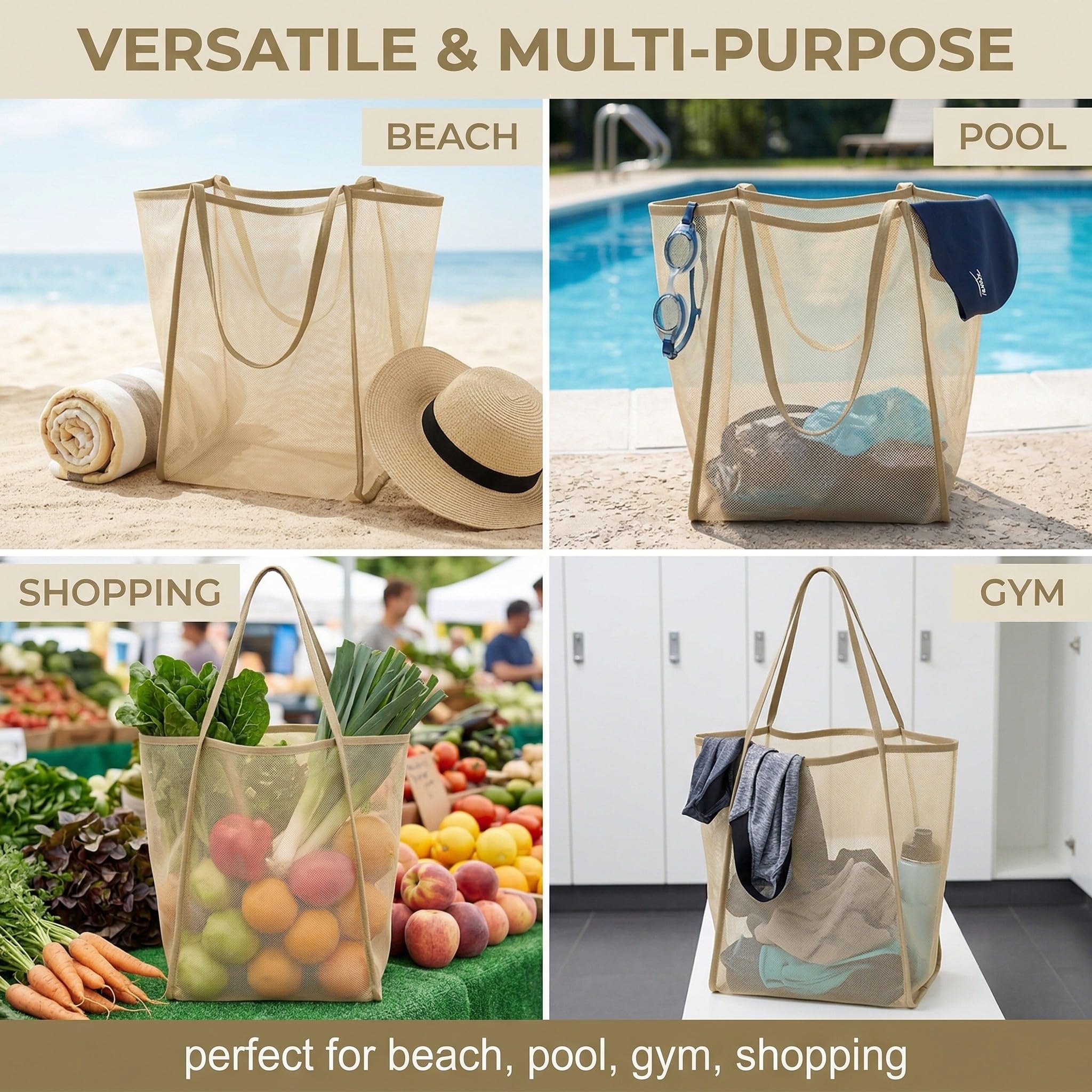 Borsa Mare Donna Grande Nylon Resistente Impermeabile Cerniera Tasche Spalla Viaggi Vacanze Piscina Cachi