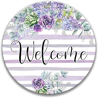 Floral Lavender Welcome Sign - Farmhouse Round Metal Wreath Sign or Door Hanger - For Indoor/Outdoor Use