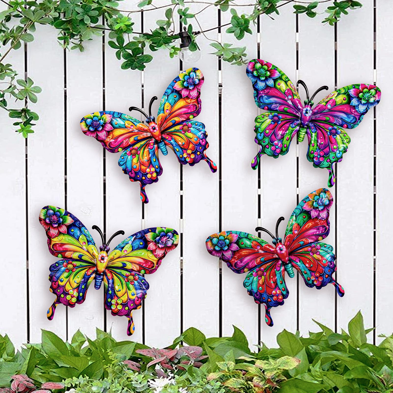 SUNREEK 4Pcs Metal Butterfly Wall Decor, 9 Inches Butterfly Outdoor Wall Art for Fence Garden Yard Room Patio Balcony Decorations