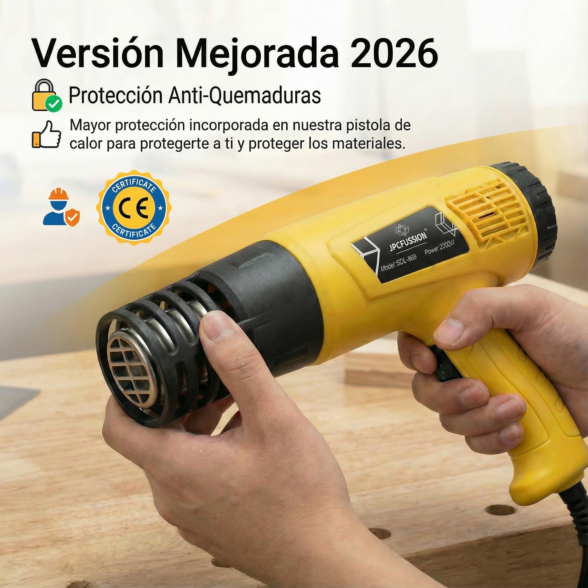 Pistola de Calor 2000W | 2 Niveles de Temperatura 400–600 °C | Pistola de Aire Caliente KIT PREMIUM con Protector Anti-Quemaduras y 4 Boquillas | Manual en Español