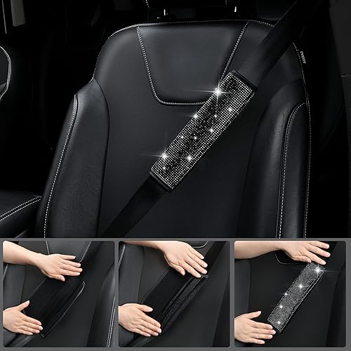 Miniatura 5 de CAR PASS 7 piezas de accesorios de automóvil brillantes para mujer, funda de volante con diamantes de imitación brillantes, cojín para cinturón de