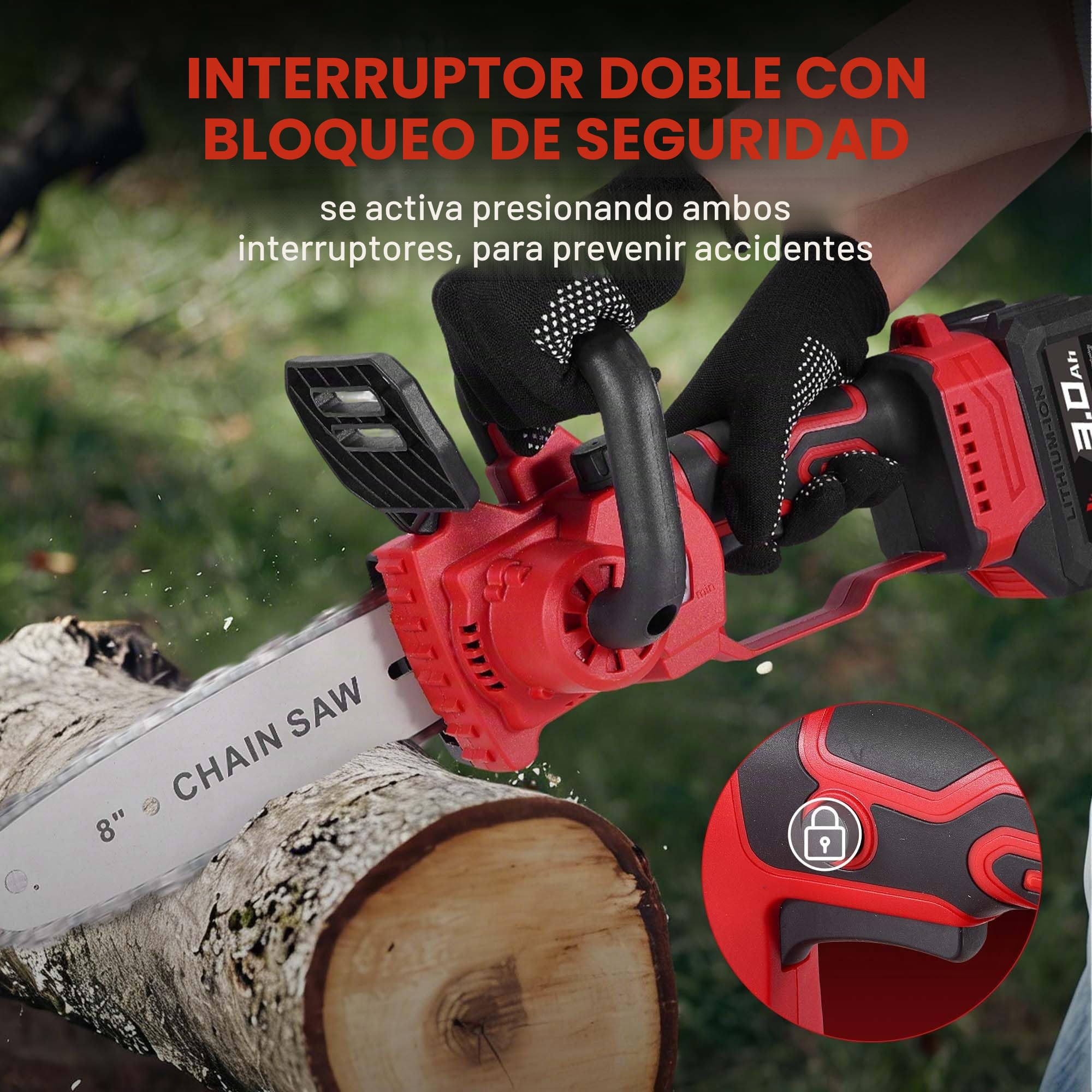 ONEVAN Motosierra inalámbrica, 8 y 10 pulgadas, lubricación automática | Con 2x 3.0Ah baterías, diámetro de corte 20 cm, velocidad de corte 10m/s, sustitución de la espada sin herramientas