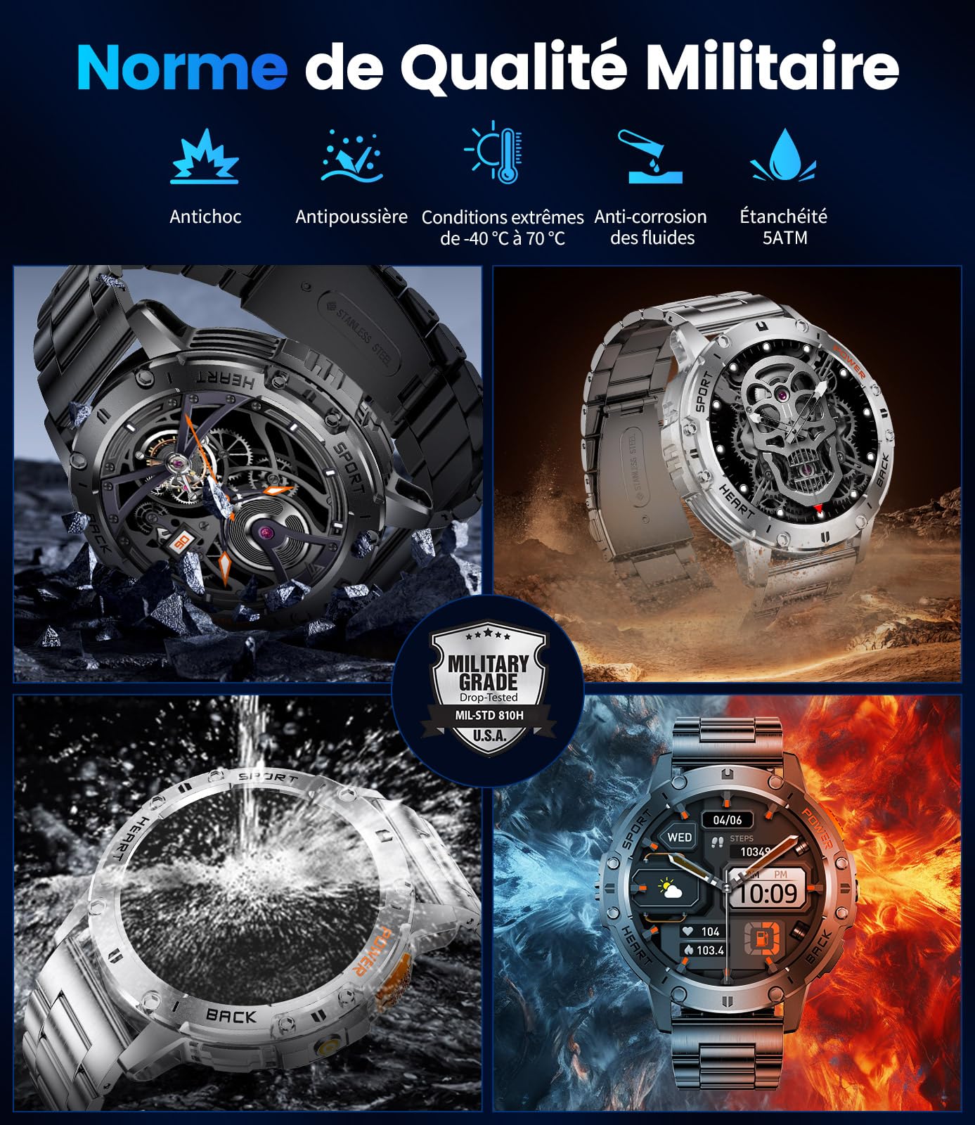 Montre Connectée Homme avec Appels Bluetooth/530 mAh, 1,43" HD AMOLED Smartwatch Homme avec 120+ Modes Sportifs/Moniteur de Fréquence Cardiaque/Sommeil/SpO2, IP68 Étanche Podomètre pour Android iOS