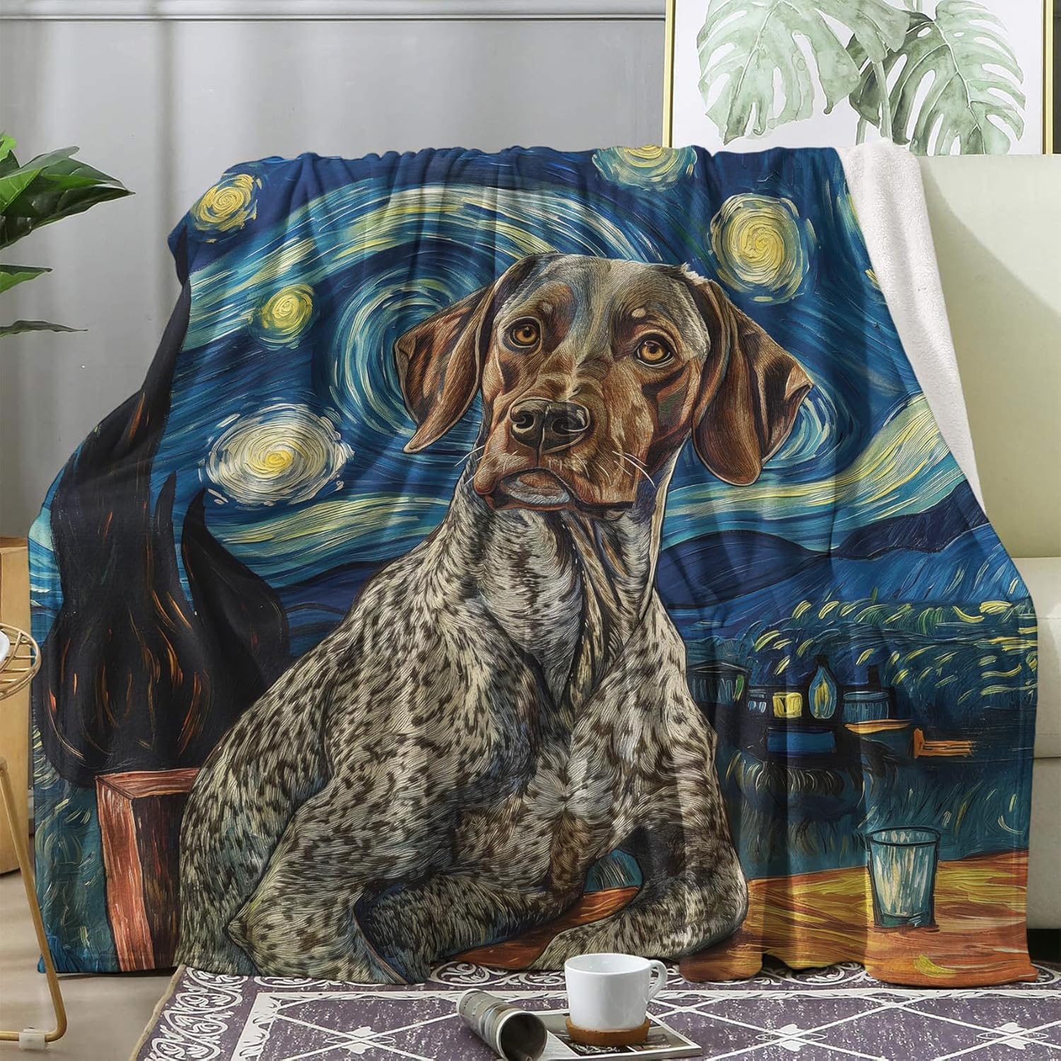 German Shorthaired Pointer Blankets, Starry Night Dog Blankets Full Size for Bed Decor, Pet Lover Blanket for Couch, Lightweight Soft Warm Plush Flannel Sofa Blanket for All Seasons 80"x90"