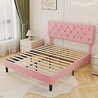 Vista 6 de VECELO Marco de cama tamaño completo con cabecera capitonada de diamante, plataforma de cama tapizada con soporte de listones de madera, no necesita