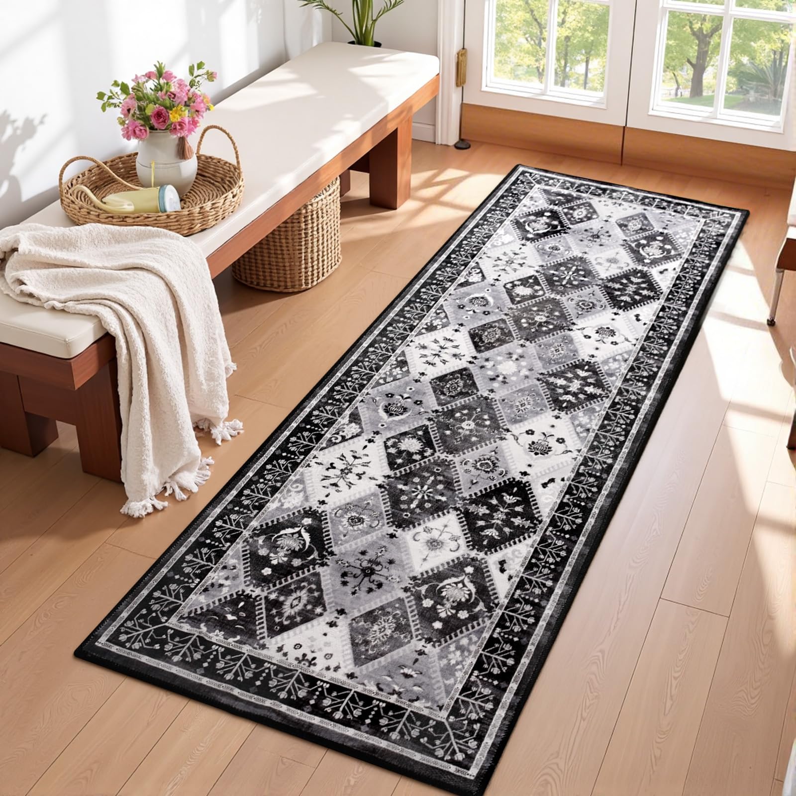 Flagover Black/Grey Washable Kitchen Runner Rug, 2x6 Boho Non-Slip Bedroom Rugs, Moroccan Floral Trellis Hallway Carpet Soft Low Pile Vintage Indoor