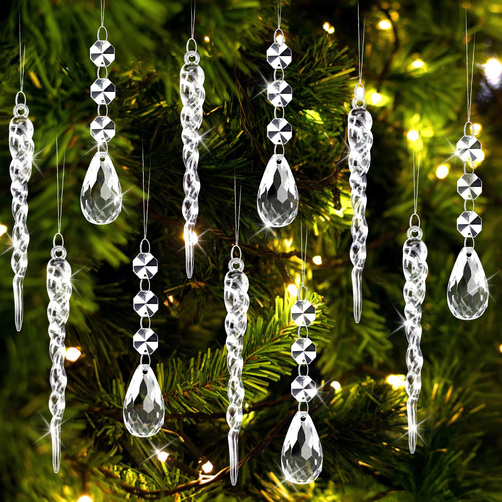 Kiiwah 20 Piezas Acrílico Adorno Colgante Decoración Navideña Carámbanos de Copo de Nieve, Cristal Carámbanos De Gotas Decoracion Colgantes de Navidad, Arbol Navidad Adornos para Invierno Decoracion