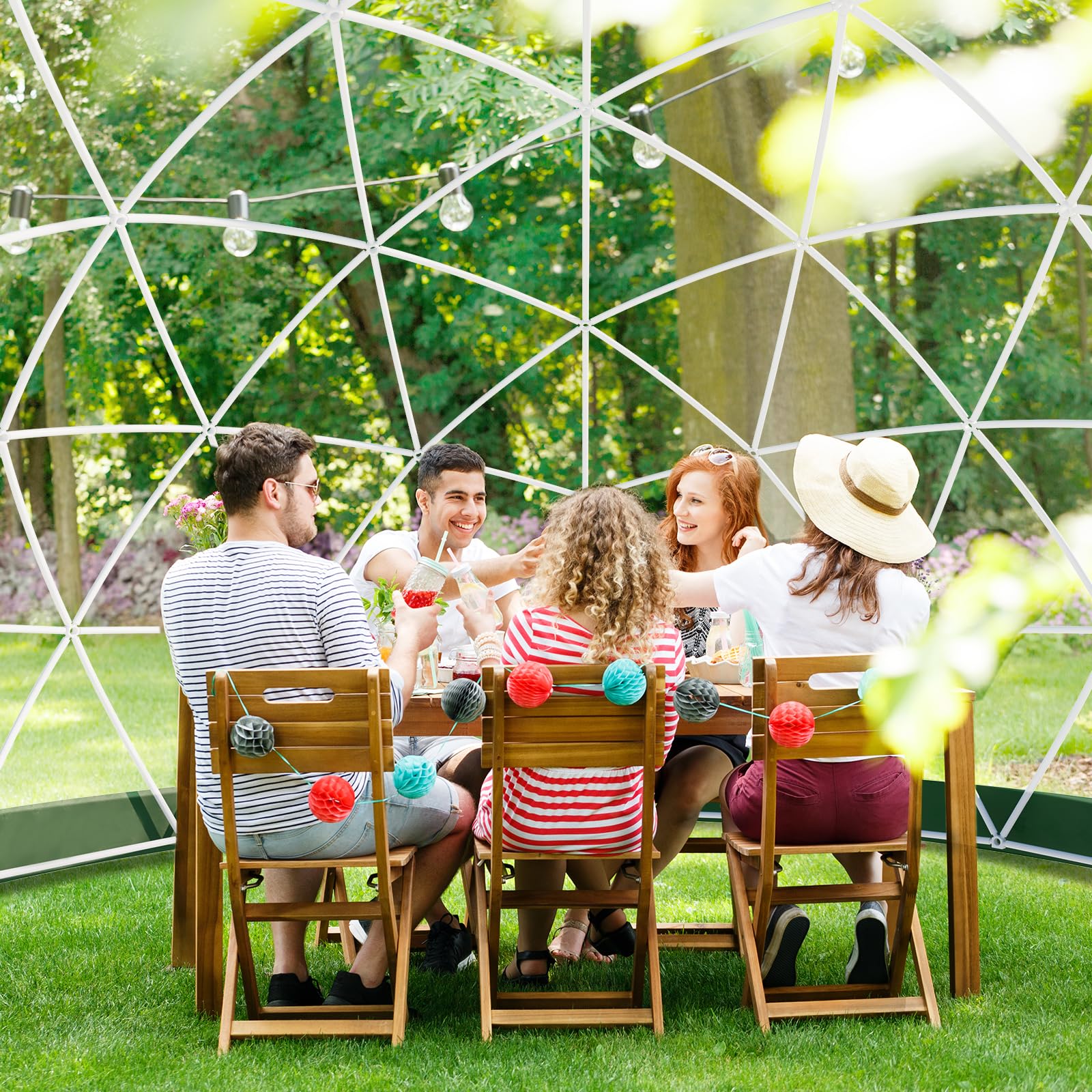 12FT Garden Dome lgloo, Geodesic Dome Greenhouse with PVC Clear Cover, Waterproof Garden Bubble Dome Tent House with 2 x 10M Light Strings for Outdoor, Patio, Backyard, Party (White, 9.7FT/2.9M)