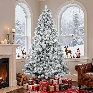 6 FT Snow Flocked Artificial Full Christmas Tree, Unlit Pine Christmas Tree with 760 Branch Tips and Foldable Base, Hinged Holiday Tree for Home, Party Decoration Unlit Green-White, 6FT
