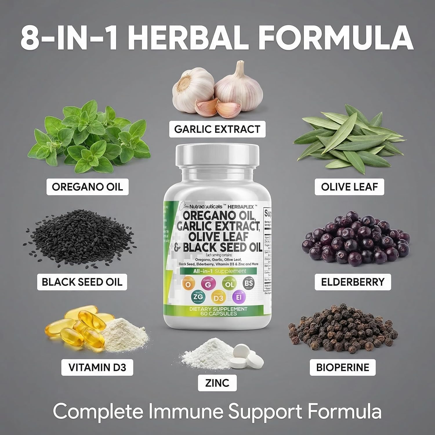 Clean Nutra Oregano Oil with Black Seed Oil Garlic Olive Leaf Extract - Oil of Oregano Capsules Immune Support Carvacrol & Thymoquinone Supplement for Women and Men + Elderberry Vitamin D3 & Zinc