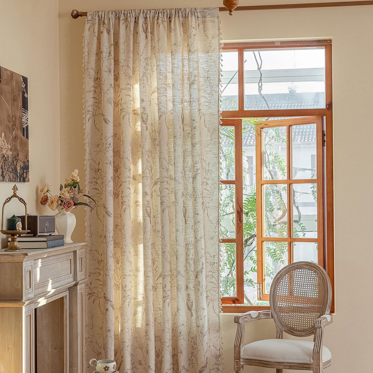 OYX Boho Curtains, Floral Curtains Beige with Garden Birds, Farmhouse Birds Drapes 63 Inches Length Semi Sheer, Rod Pocket Vintage French Country Window Curtain Set 2 Panels for Kitchen, Bedrooms
