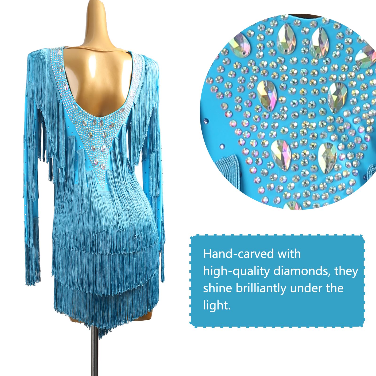 LIUHUO Latein-Tanzkleid, Ballsaal, Wettkampfkleid, Damen, Blau | Tango Ballsaal Tanzkostüm Fransen Flapper Langarm Glänzend Diamant
