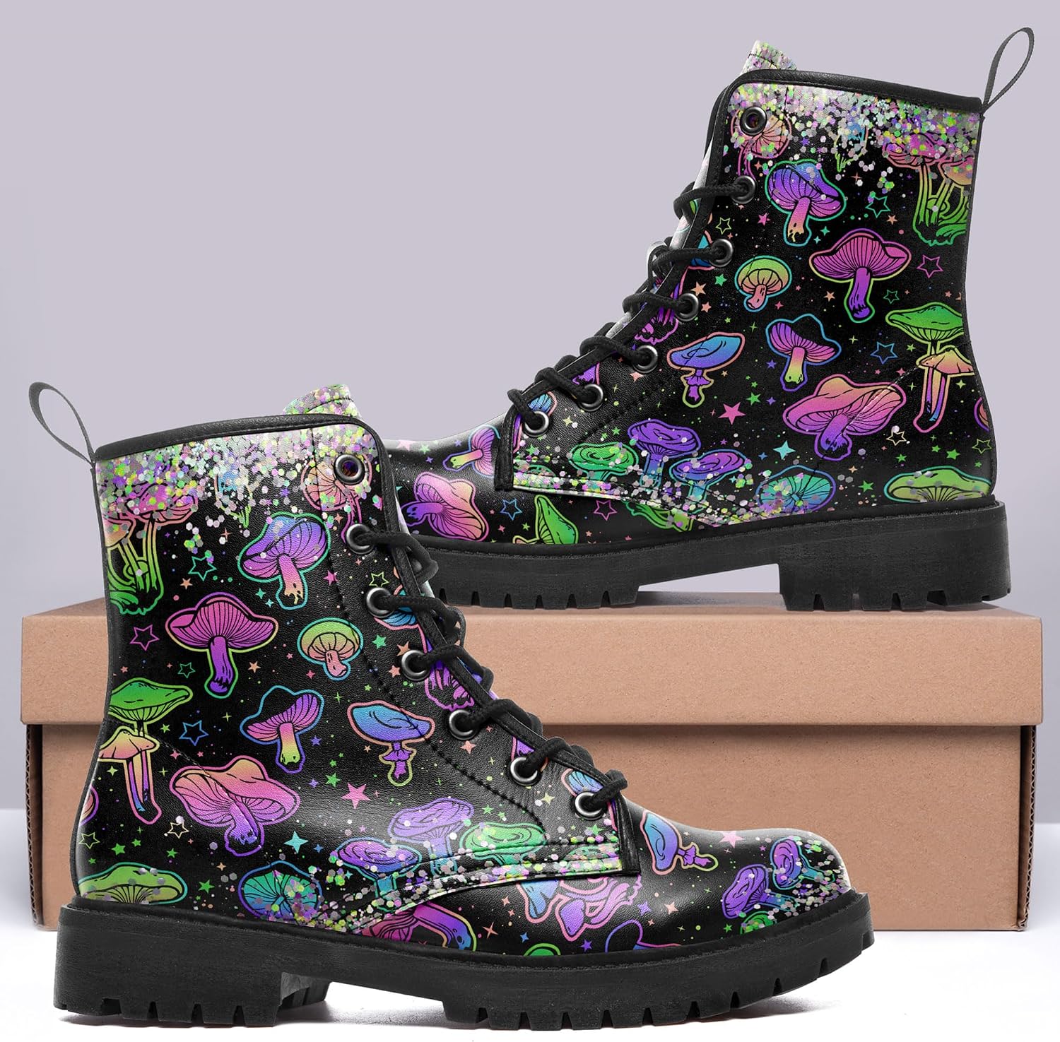 Artistic Mushroom Mid-Top Combat Boots Men's Women's Floral Lace-Up Ankle Shoes for Hiking,Street Wear,Casual Walking