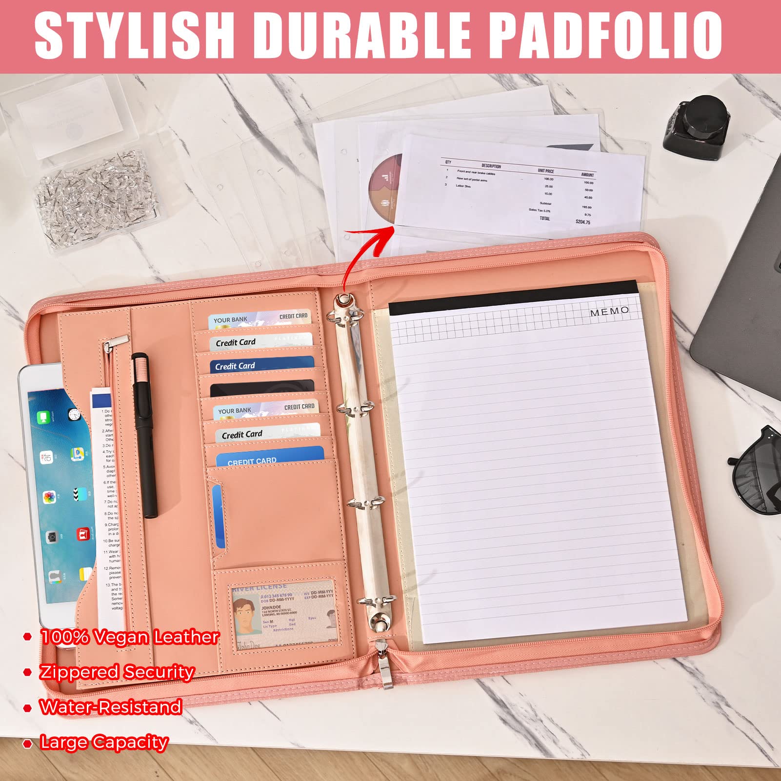 Porte-documents organiseur d'affaires et carnet de notes à anneaux amovibles, classeurs à fermeture éclair pour homme et femme (rose)