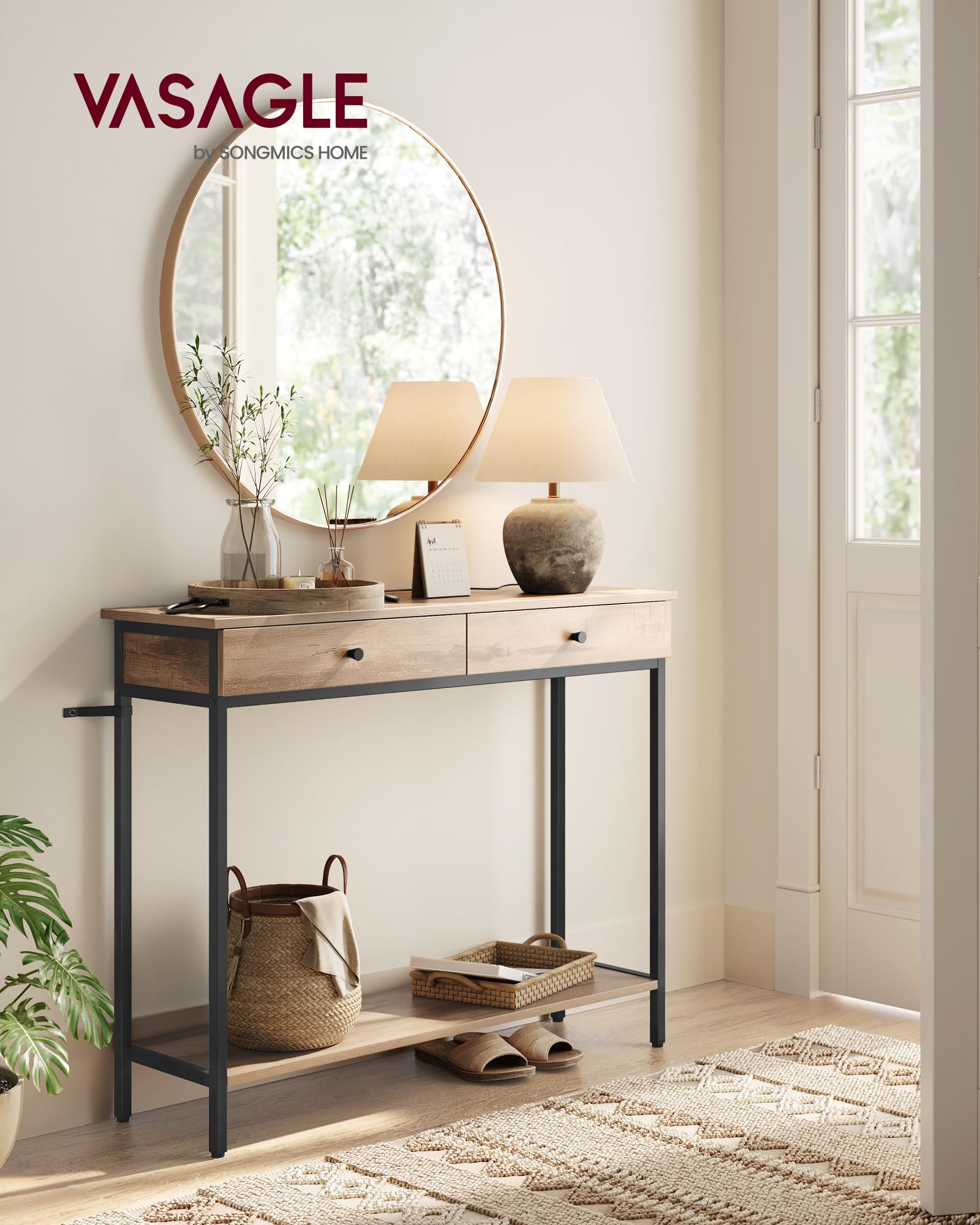 VASAGLE Table Console, Table d'Entrée, Bout de Canapé, avec 2 Tiroirs, Cadre en Acier, pour Entrée, Chambre, Salon, Style Industriel, Marron Camel et Noir d'encre LNT015W01