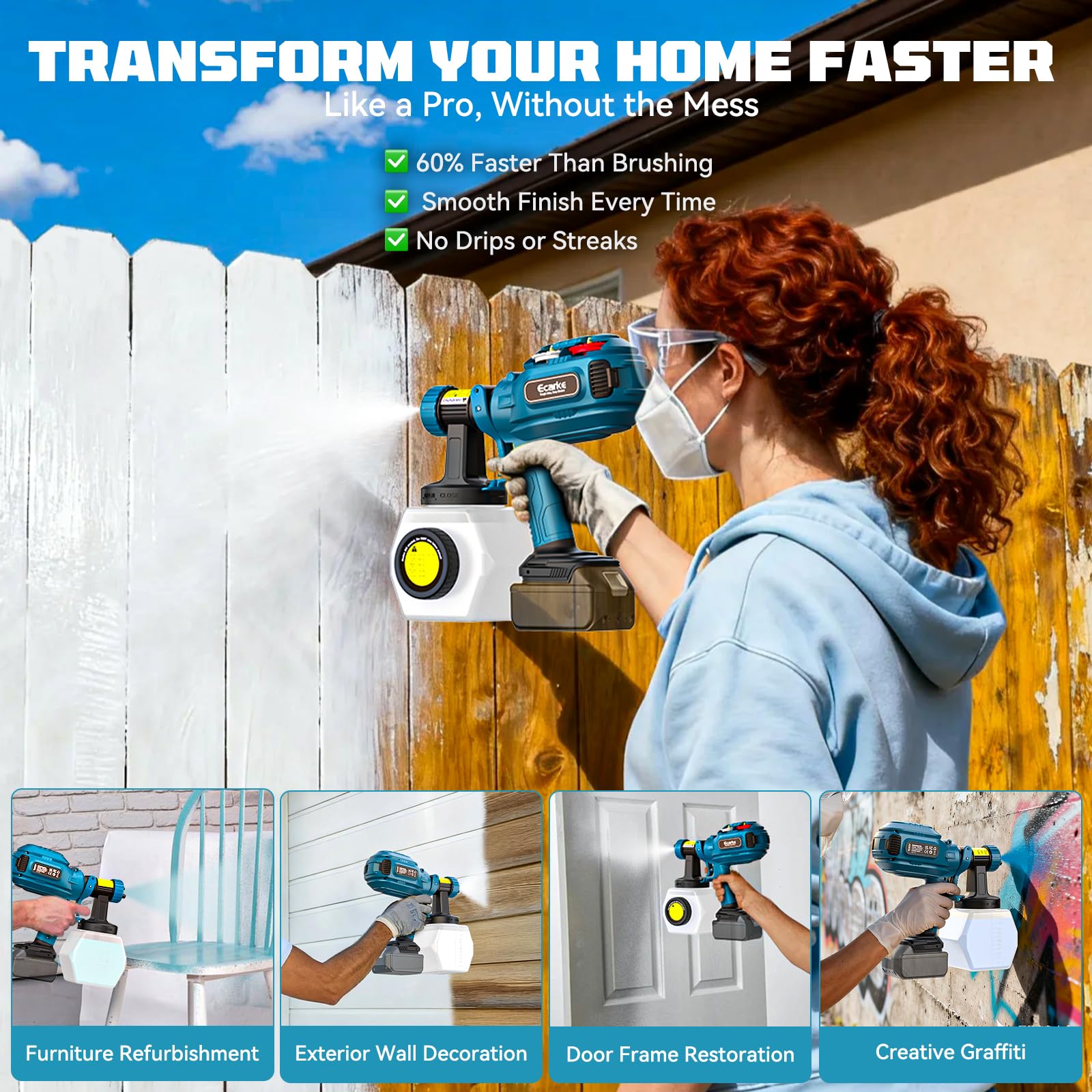 Ecarke Pistola Pintura Compatible con Baterías Makita 18V, 1200ML, 43000RPM, 4 Boquillas y 3 Modos de Pulverización, para Tarimas de Terraza, Pintura de Paredes, Muebles y Vallas(Solo Herramienta)