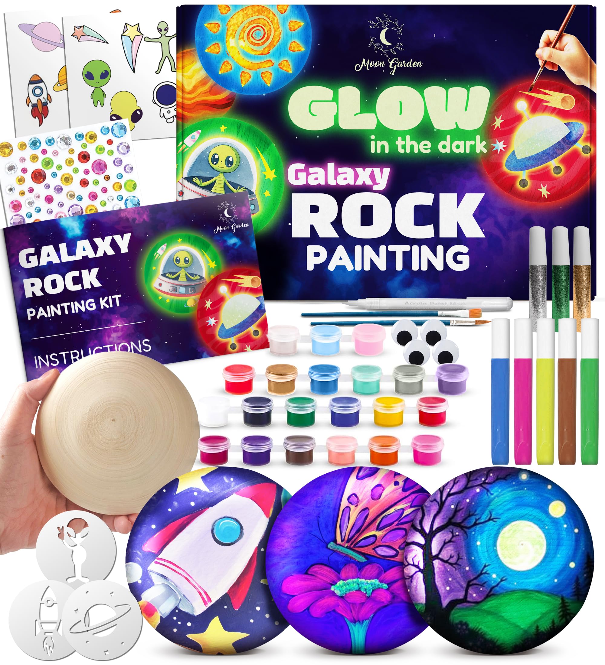 Glow in the Dark Galaxy Rock Painting Kit, Large Wooden Rocks for Painting, Arts and Crafts Painting Rocks for Kids, Kids Craft Paint Kits, Craft