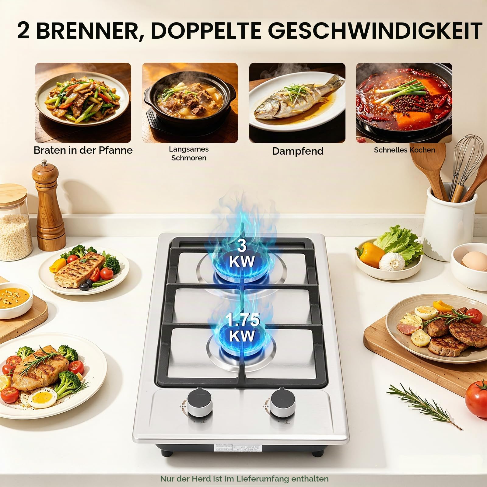 Gasherd Camping Gaskocher 2-Flammig Mit Druckreduzierventil, Umrüstdüse Und 1,5m Schlauch, Gaskocher Für Innenräume Outdoor Camping, 3kw + 1,75kw, Silber