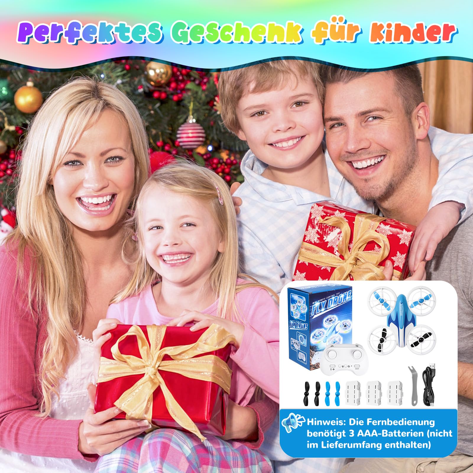 Skeufy Mini Drohne für Kinder, Kinder drohne Spielzeug ab 6+ Jahre, Drone Quadrocopter mit LED Lichter, 3D Drehung, Kopflosem Modus und 3 Akkus, Weihnachten Geburtstags