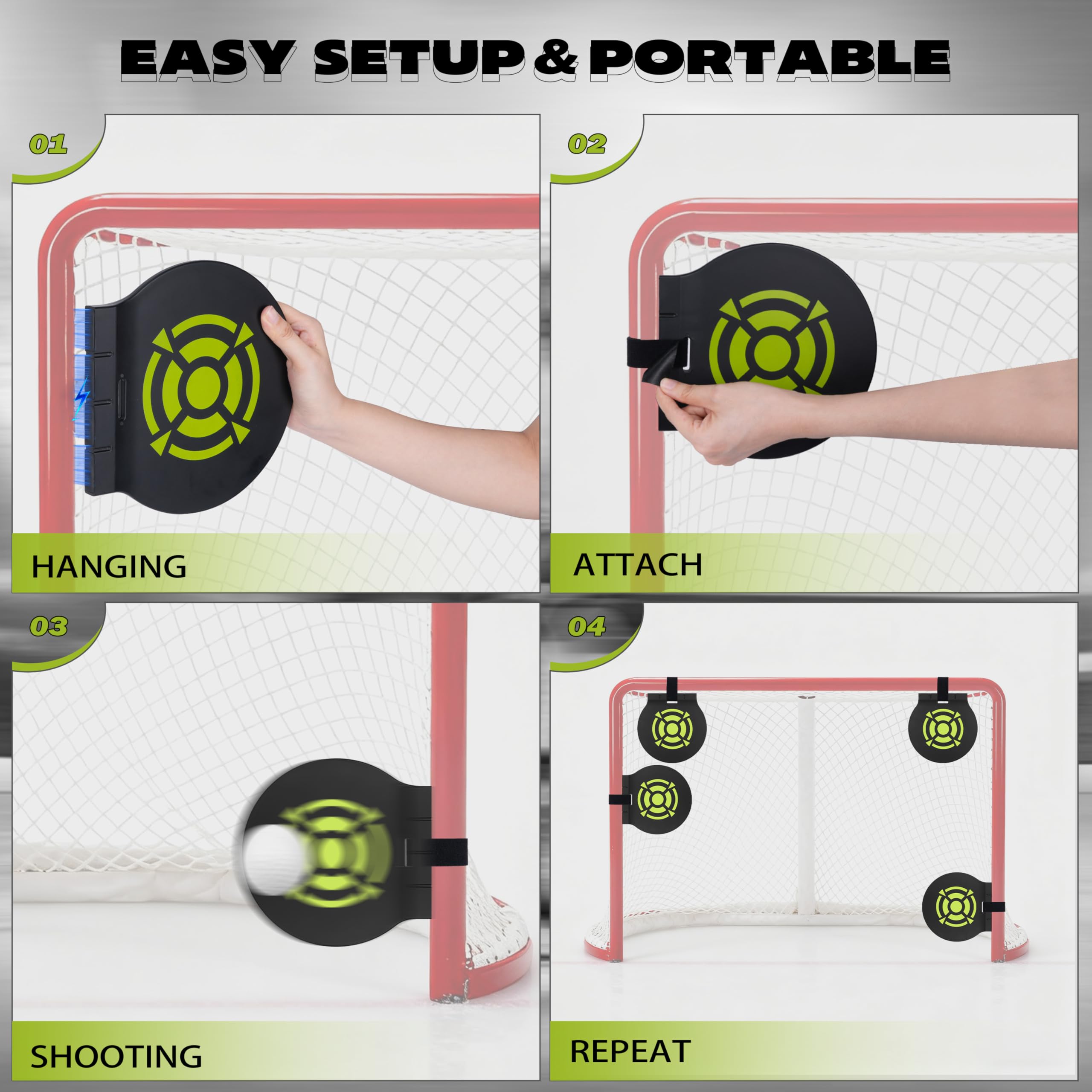 BOOSTEADY Lot de 4 Cibles de Tir pour Hockey Magnétiques Suspendues, 7,9" Cible de Gardien de But de Hockey Robuste avec Attaches de Hockey & Filets de Crosse