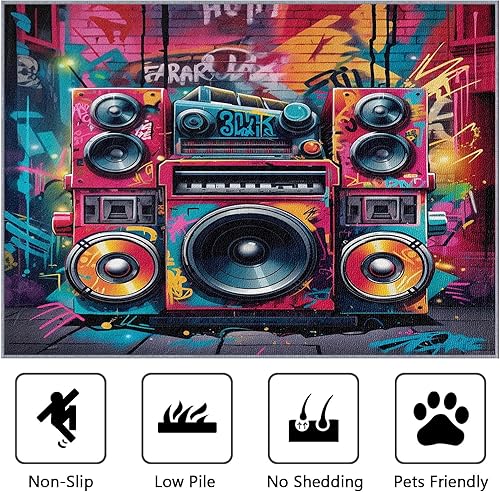 Miniatura 3 de Boombox - Alfombra de 3 x 5 pies con temática musical de graffiti para dormitorio, antideslizante, pelo bajo, lavable a máquina, para sala de estar,