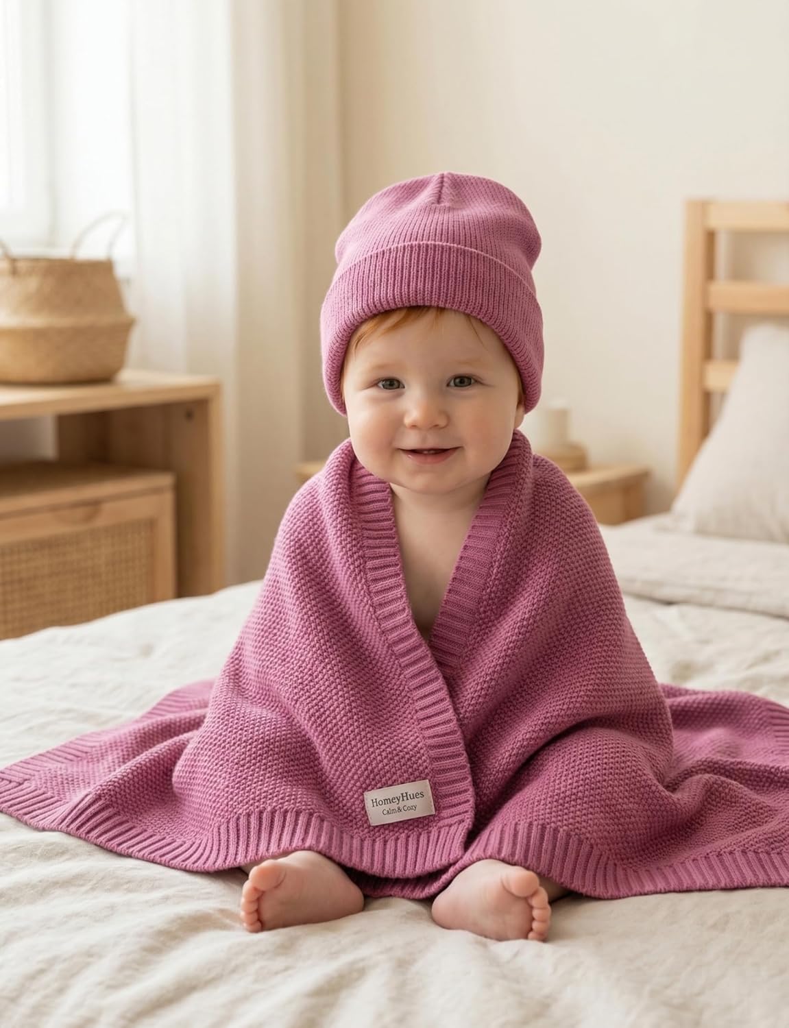 Luxury Baby Gift Set for Newborns - 100% Cotton Knit Blanket Essentials with Matching Beanie, Thoughtful Baby Shower & New Baby Gift for Boys & Girls (Dusty Rose)