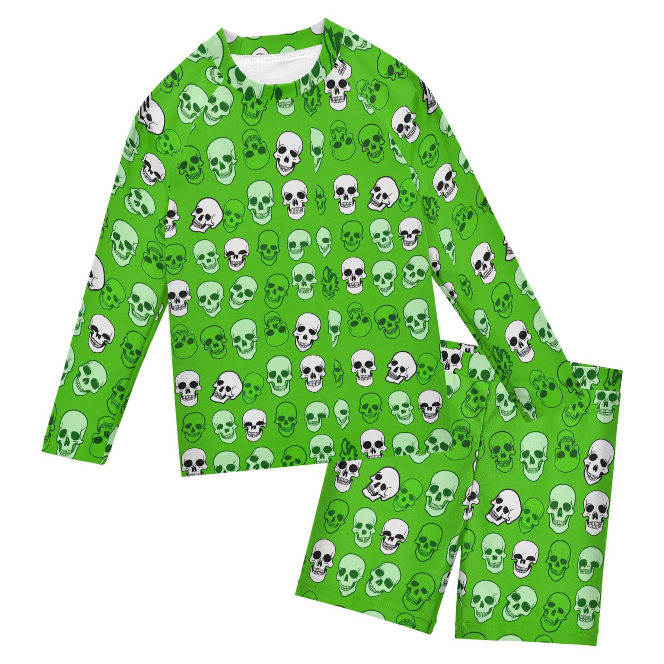 Skull Green Boys Rash Guard Swimsuits Set for Boys Long Sleeve Swim Shirts Bathing Suits with Trunks B0404404
