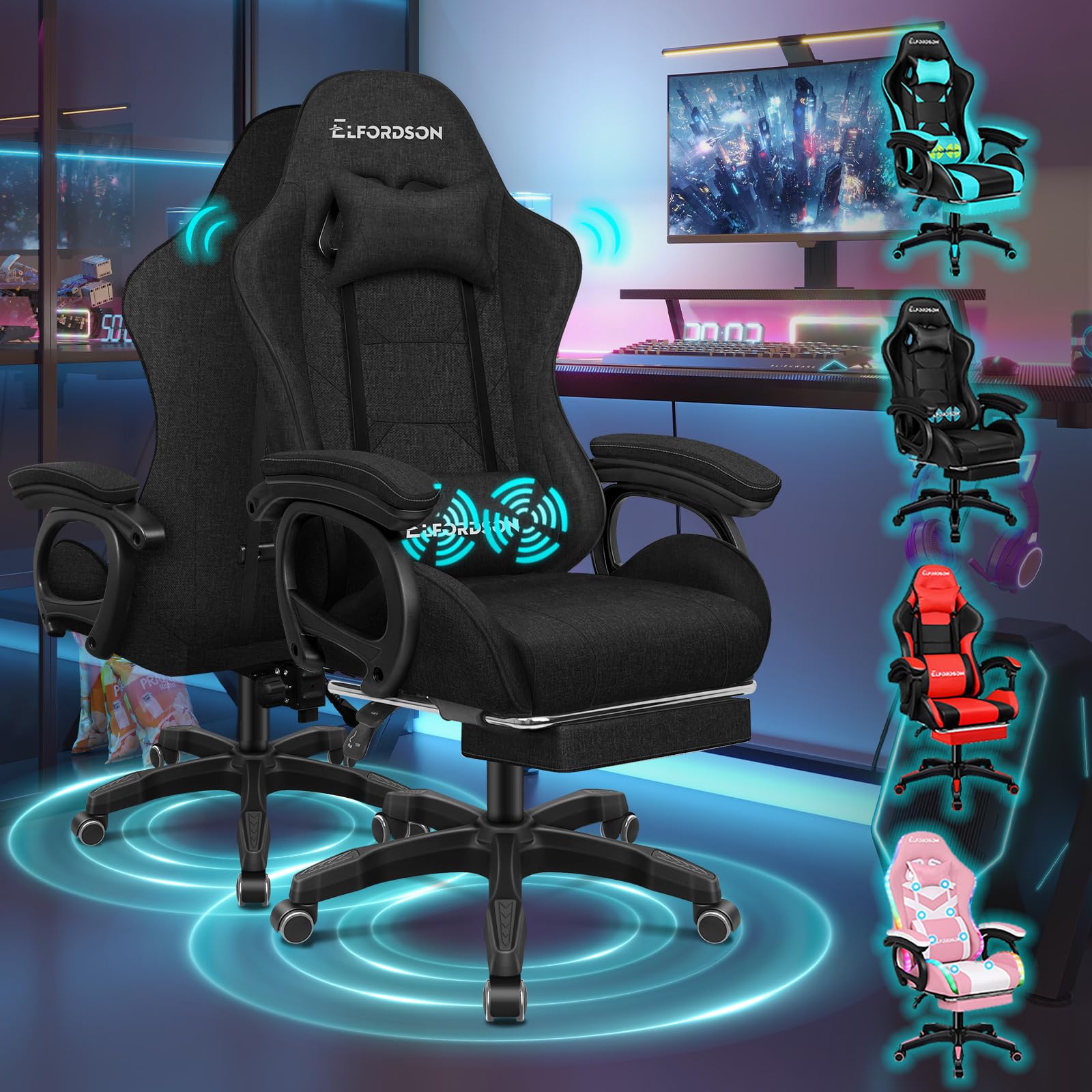 ELFORDSON Massage Gaming Chair with Footrest Armrests, Ergonomic Home Office Chairs with Head & Lumbar Cushion, Computer Video Game Chairs, 360Β° Swivel, 150Β° Reclining, PU Leather, Purple & Black