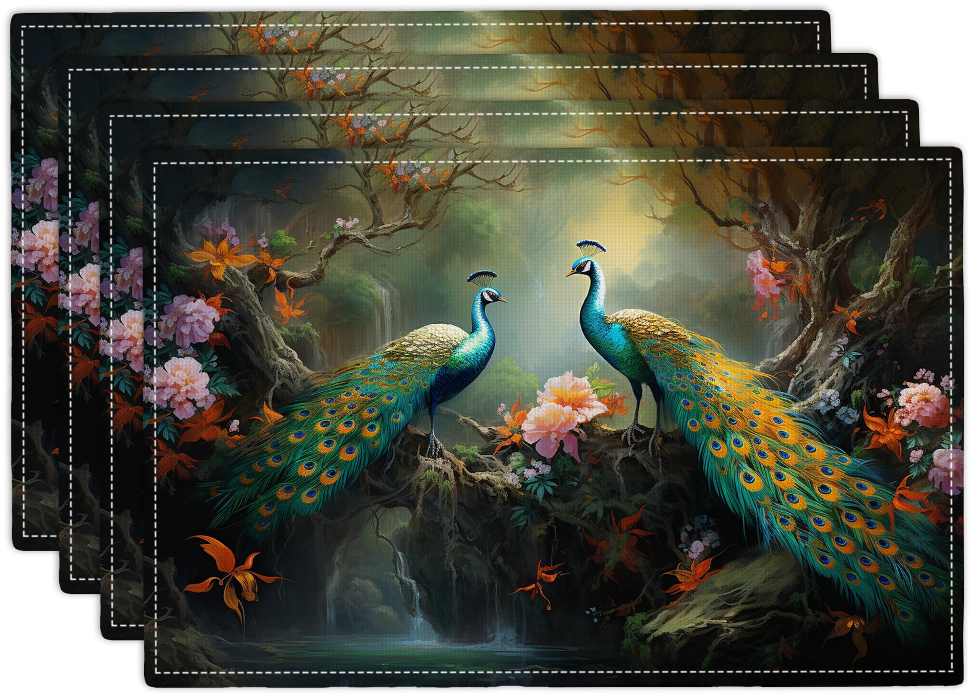 Golakra Peacock Beautiful Placemats Set Of 4 Flower S Table Mats Washable Place Mats For Party Kitchen Dining Decoration 12X18 Inch