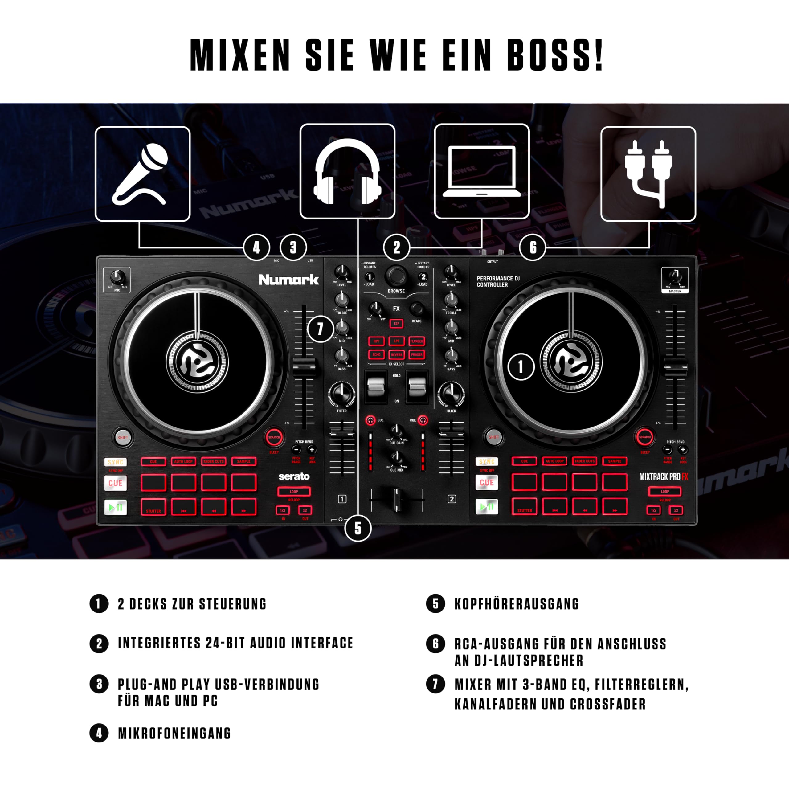 Numark Mixtrack Pro FX DJ Controller Pult mit 2-Deck Kontrolle, Integriertem Audio Interface, Jogwheel-Displays und Effektpaddeln, Serato DJ Enthalten
