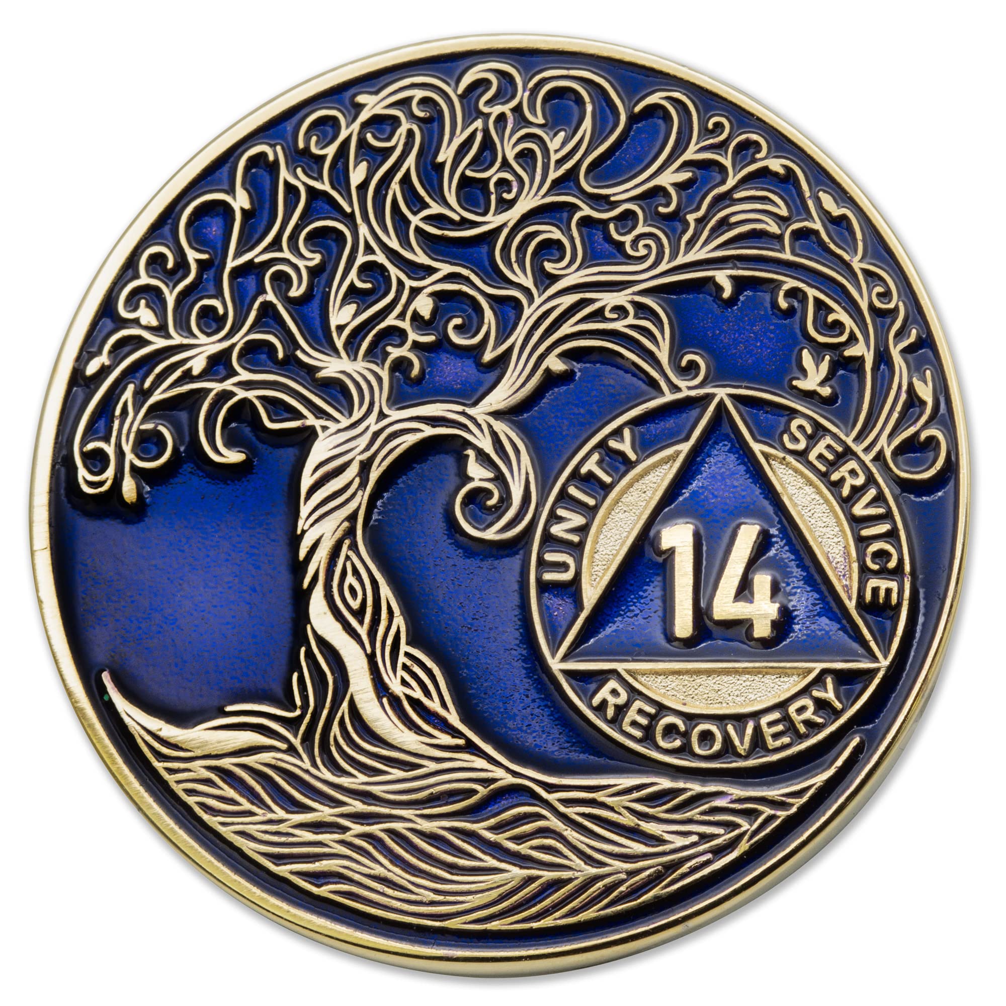 1 to 50 Year Twisted Tree of Life Sobriety Coin - Gold Plated AA Chips &amp; Medallions - 14 Year Sobriety Coin - Translucent Blue