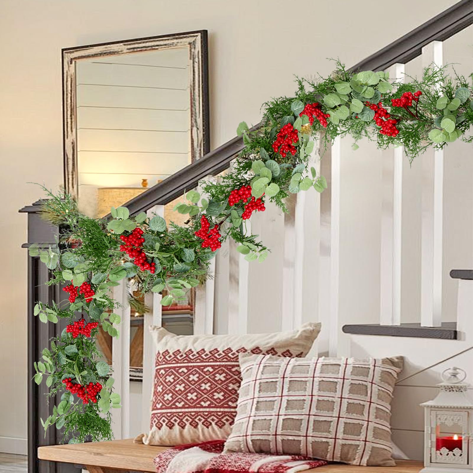 Guirlande de cèdre d'eucalyptus artificiel de 1,8 m avec baies rouges, faux cyprès de verdure pour cheminée, table, décoration de Noël d'hiver