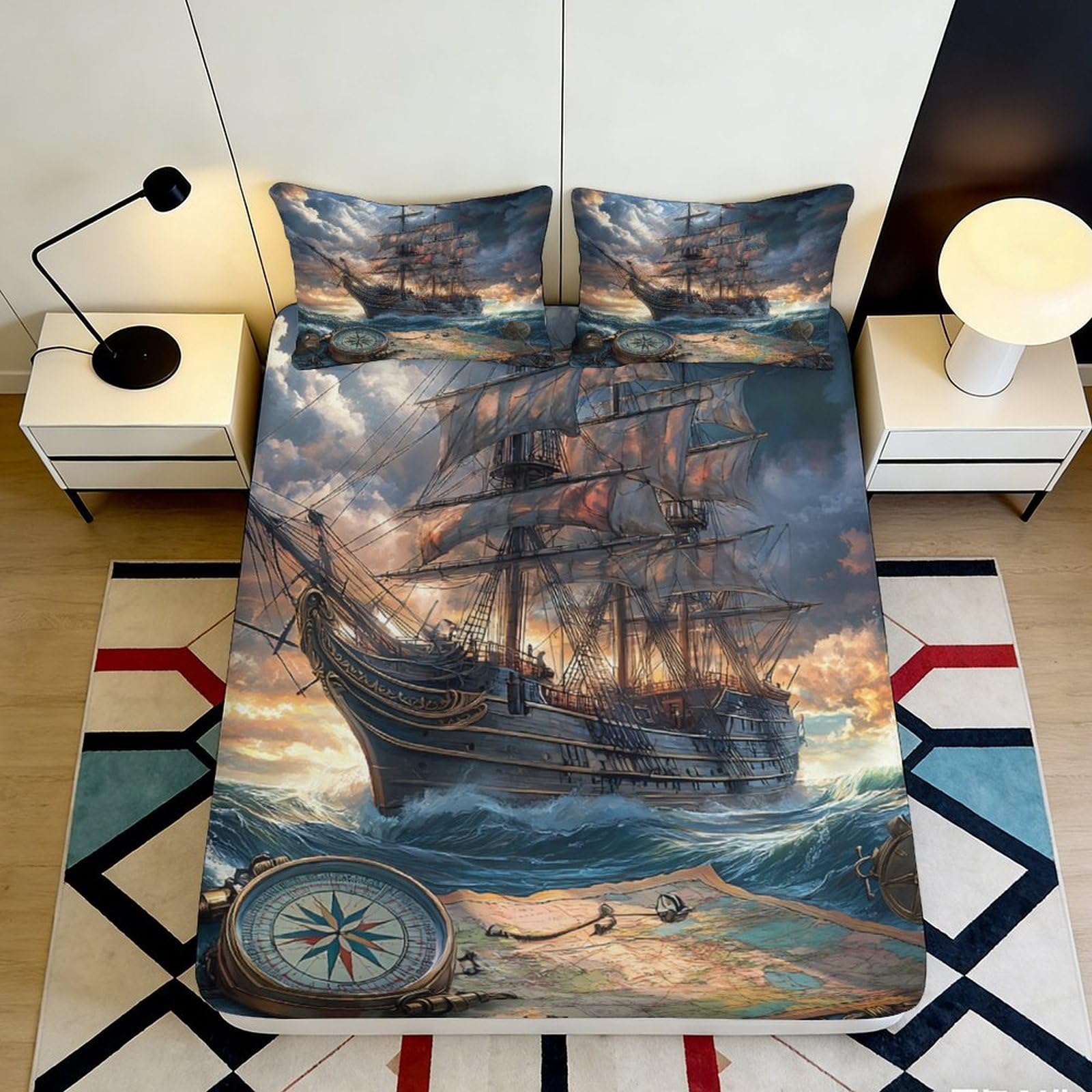 3D Printed Vintage Sailing Ship Fitted Sheet Microfiber Soft Ocean Map Mattress Cover for Bedroom Guest Room Decor 140x200x25cm