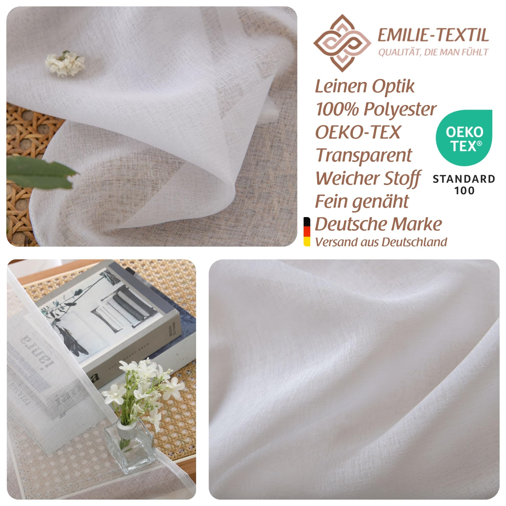 4er Set Vorhänge mit Ösen, Oeko-TEX Zertifiziert, Transparente Gardinen aus Voile Polyester Ösenschal Transparent Wohnzimmer Luftig Dekoschal in leinen Optik Top Weiß
