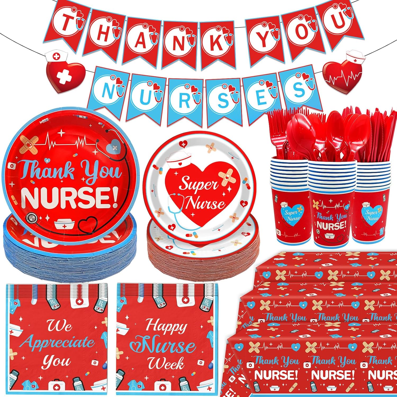 Yavxzbw We Appreciate You Decorations Nurse Week Decorations Nurses Week Plates and Napkins with Thank You Nurses Banner for Nurse Party Decorations Nurses Week Party Supplies