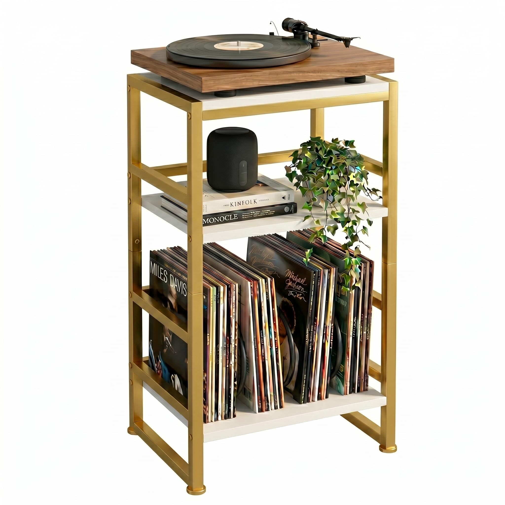 ZEXVIDA Vinyl Record Player Stand, 3-Tier End Table with Vinyl Record Storage, Record Player Table Holder Cabinet Up to 120 Albums for Living Room Bedroom - Gold — image 1