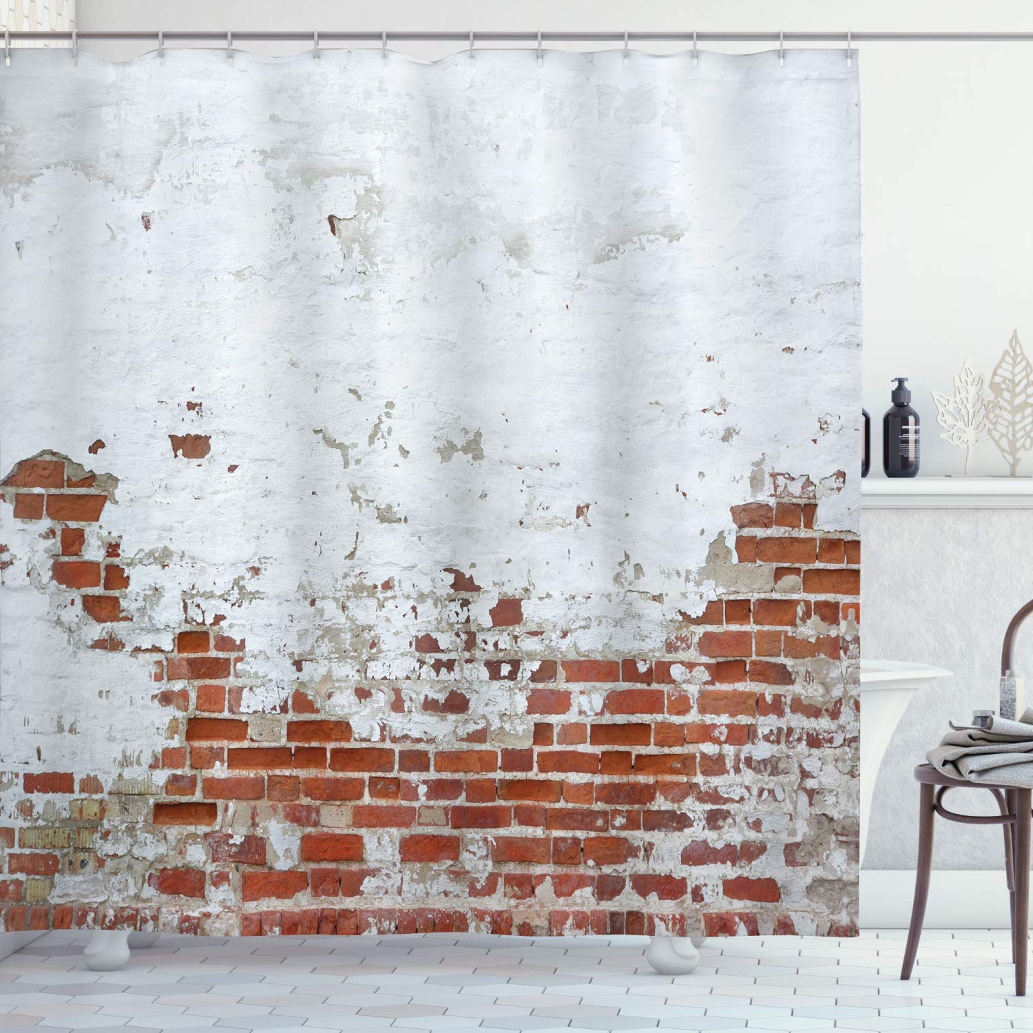 Ambesonne Brick Wall Shower Curtain, Dated Damaged Peeling Wall Covered with White Paint Vintage Inspired City Decay Scene, Cloth Fabric Bathroom Decor Set with Hooks, 75" Long, Red