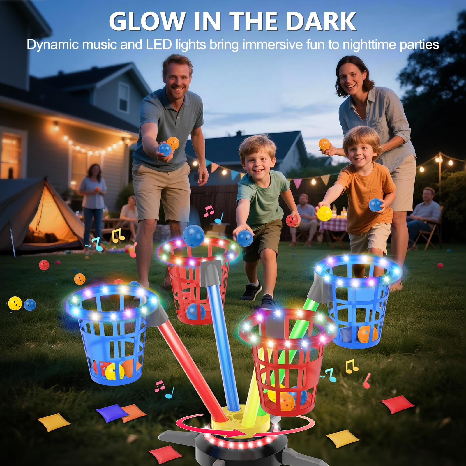 TERRAMUS 3 in 1 Bean Bag Ring Toss Game for Kids Rechargeable Musical Jumping Games w/LED Light & Remote - Image 4