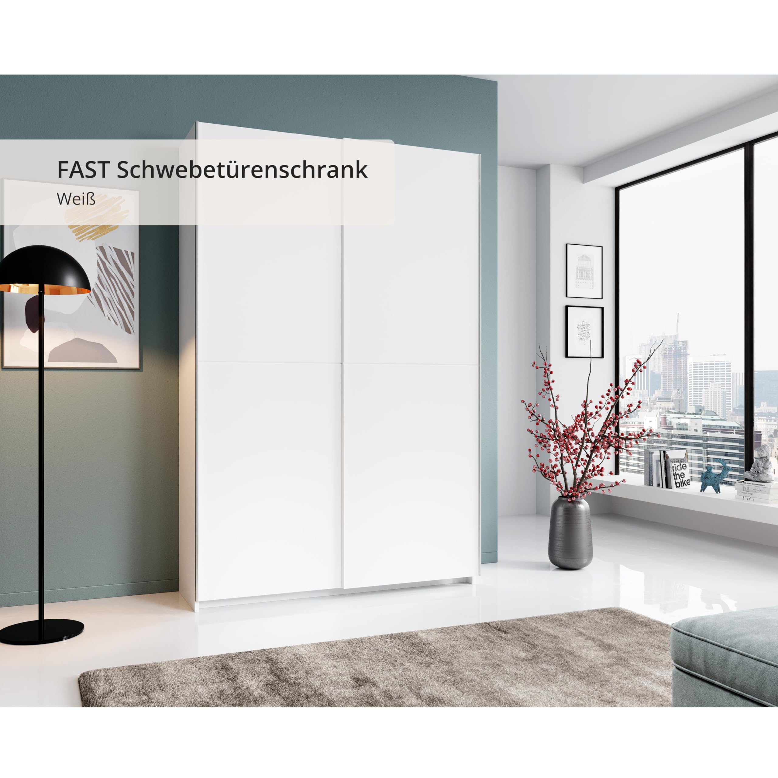 Stella Trading FAST Eleganter Kleiderschrank / Garderobenschrank mit viel Stauraum - Vielseitiger Schwebetürenschrank in weiß - 125 x 195 x 38 cm (B/H/T)