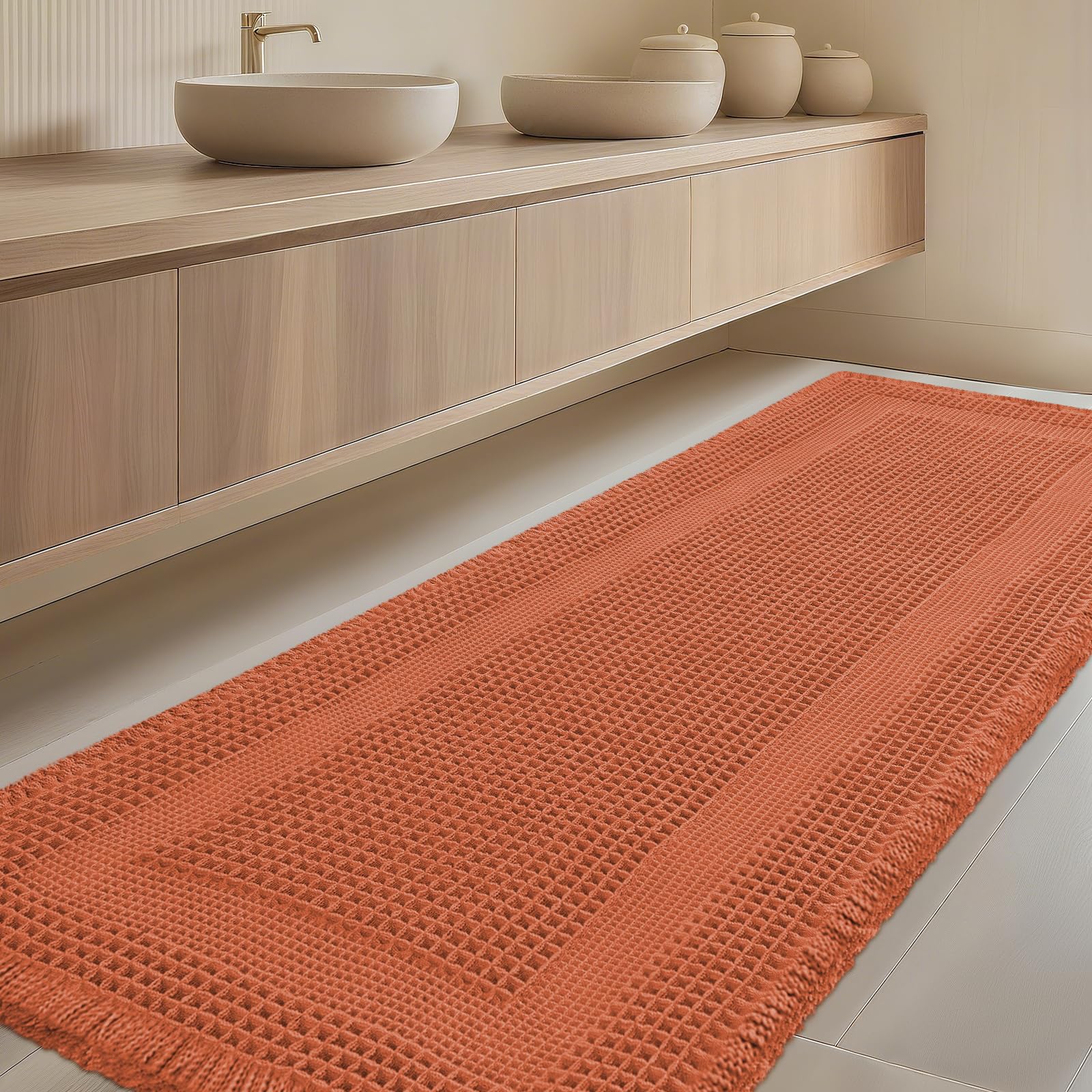 IM HOME Extra Large Waffle Bath Mat, Boho Bathroom Rugs Absorbent Non Slip, Ultra Soft Bathroom Mat, Machine Washable Knit Bath Rugs with Tassels for Bathroom, Bedroom, Kitchen, 6'x2', Burnt Orange
