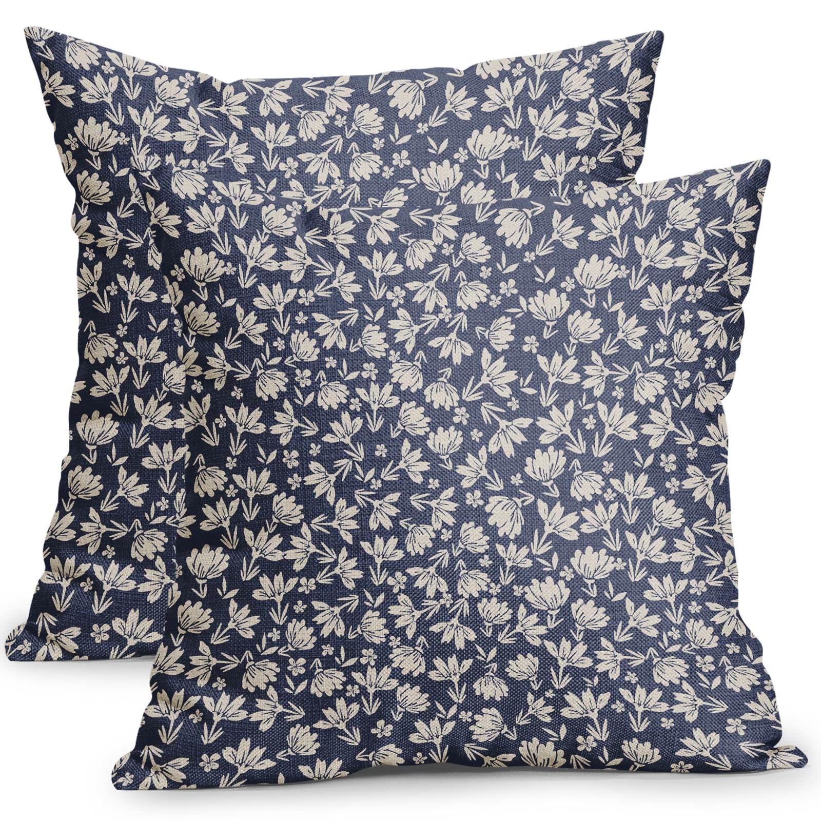 Vintage Floral Pillow Covers 18x18 Inch Set of 2 Navy Blue and Cream Rustic Flower Outdoor Decorative Throw Pillows Blue Small Floral Print Farmhouse Pillowcases Cotton Linen Cushion Cover for Couch