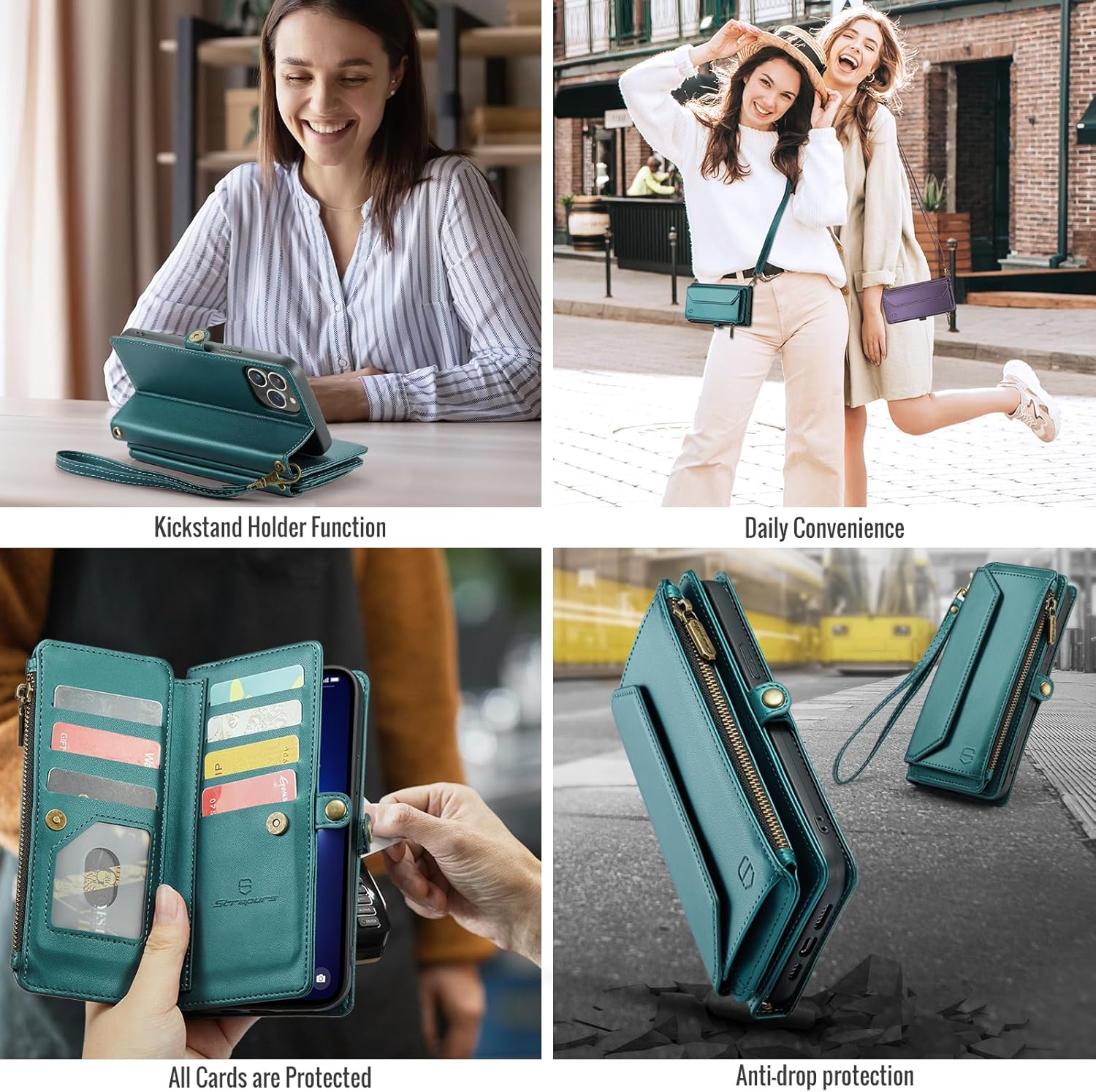 Wallet Case Compatible with iPhone 13 Pro Max RFID Blocking 10-Card Holder Soft PU Leather Magnetic Snap Shoulder Strap Zipper Pocket Phone Case Fit for iPhone 13 Pro Max - Blue Green - Image 6