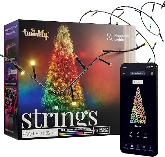 Twinkly Strings 400 LED RGB+White, LED Strip Lights for Outdoor and Indoor, Multicolor Smart Lights, Compatible with Alexa and Google Home, Mappable Lights, IP44, App Control, Black Wire, 32m