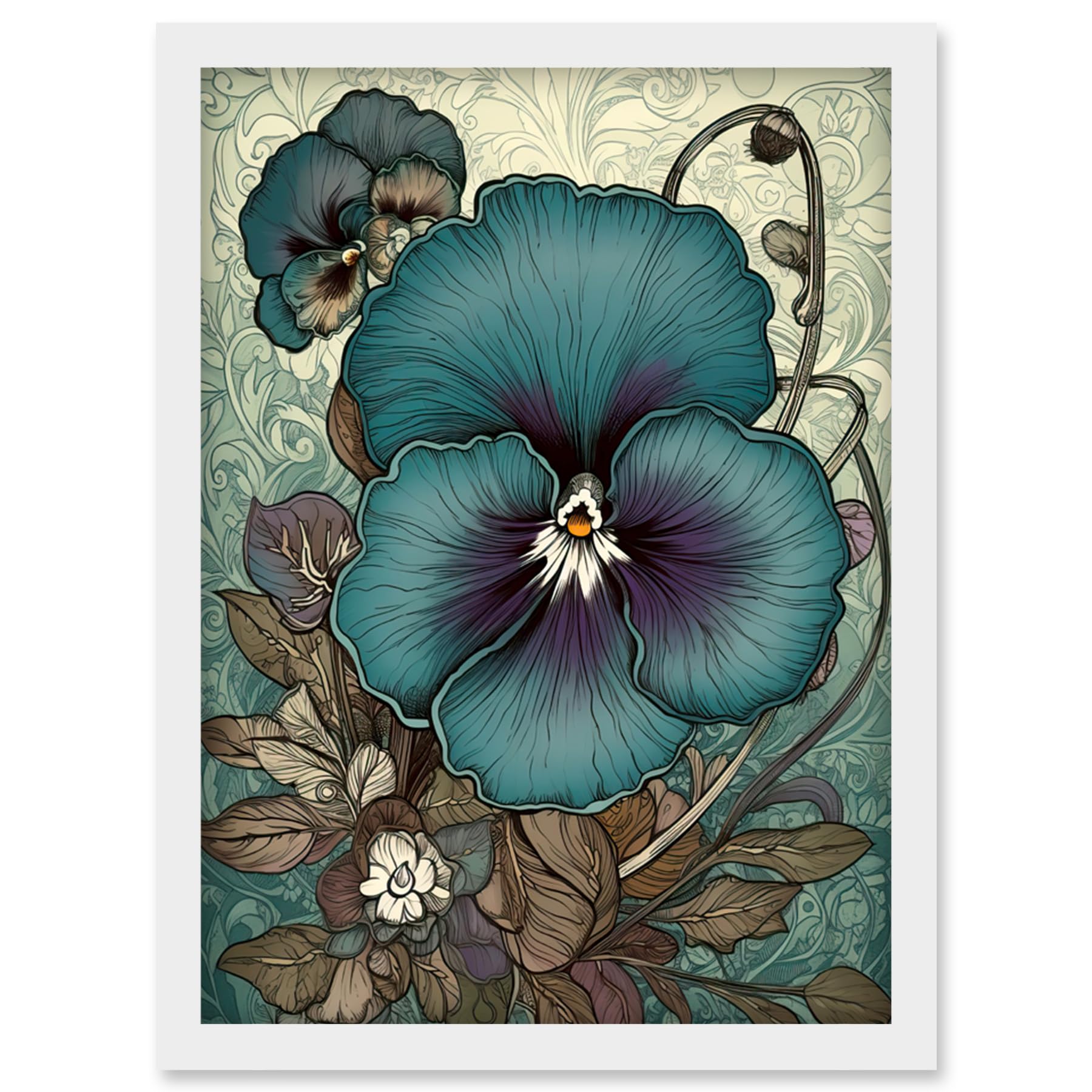 Artery8 Blue and Purple Pansy Flower and Floral Patterns Artwork Framed Wall Art Print A4