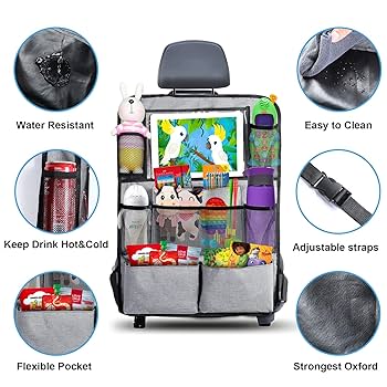 URAQT Car Boot Organiser, Car Trunk Tidy Organiser Bag, Detachable Multi-Pocket Car Organiser Seat Back Protectors With Zipper, Water-Proof Durable Foldable Children's Travel Storage Bag