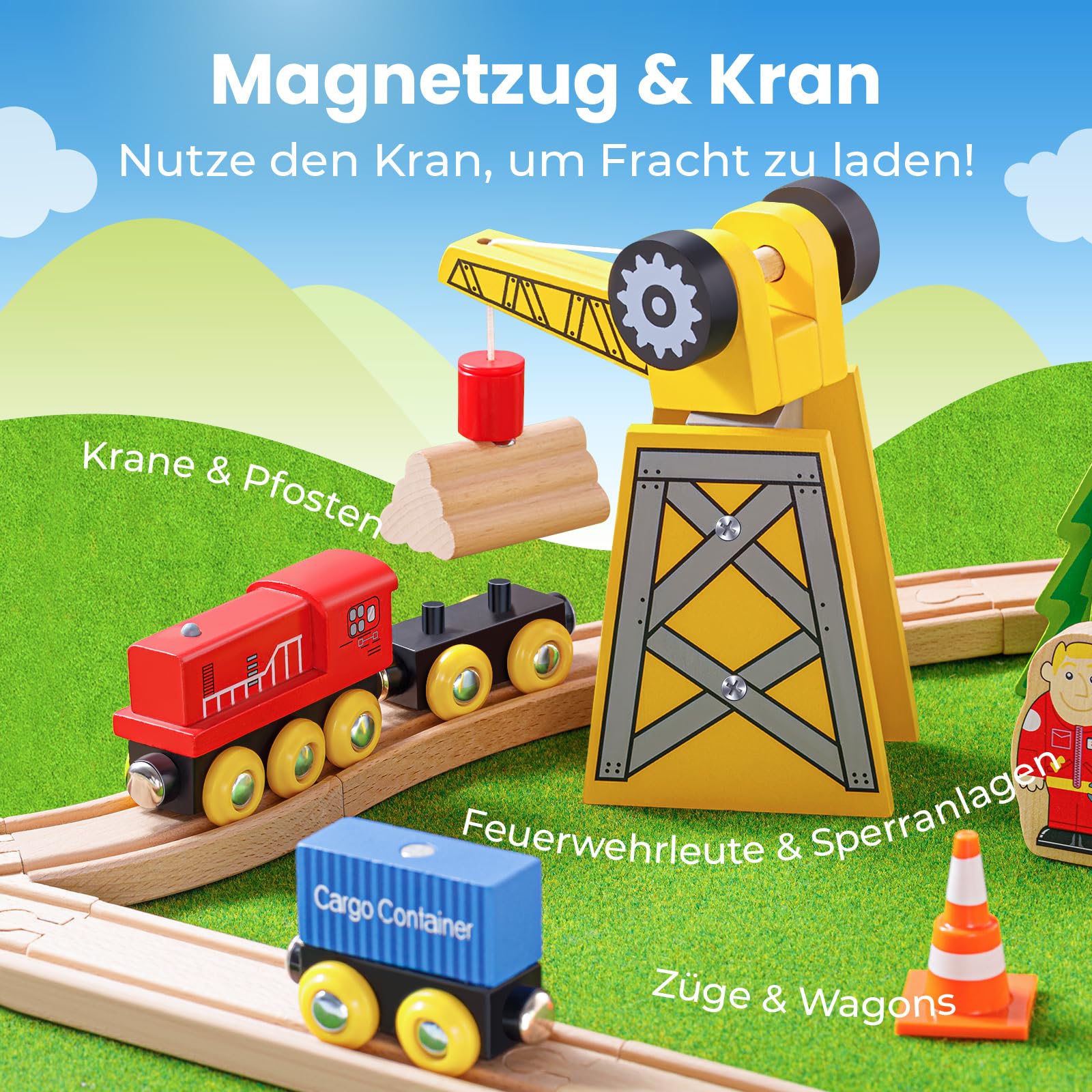 Tiny Land 55Pcs Holzeisenbahn Set - Holz Eisenbahn für Kinder mit Kran | Kombinierbar Zug Spielzeug, Holzeisenbahn Zubehör Passend für Alle Großen Marken, Holzzug Spielzeug für Kinder ab 3~5