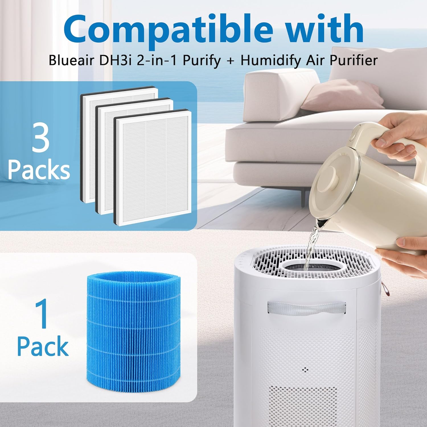 DH3i Replacement Filters Compatible with Blueair 2-in-1 Purify + Humidify | 3 Particle Filters + 1 Wick Filter - Image 2