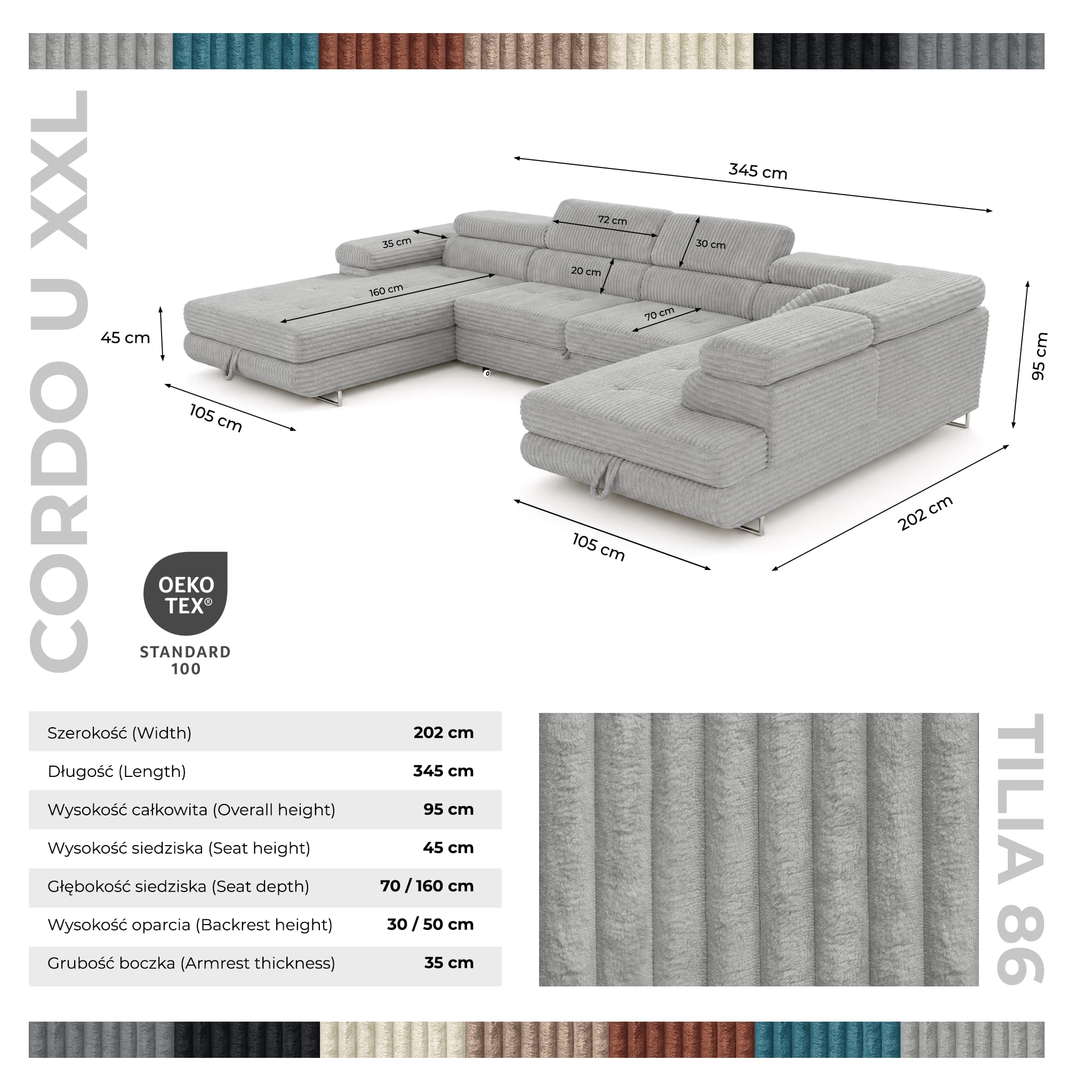Cordo U XXL Wohnlandschaft mit Schlaffunktion und 2 Bettkästen - Breitcord Tilia - U-Form Sofa (Hellgrau, Linke Seite)