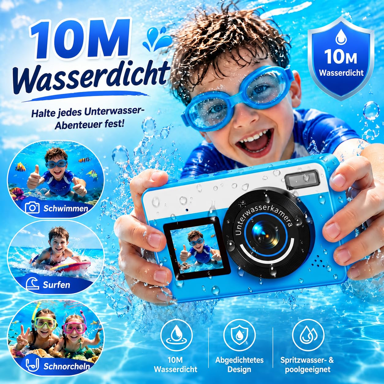 Maxmango D70 4K Unterwasserkamera,48MP 10FT Wasserdicht für Schnorcheln,Dual Screen Selfie Autofokus Digitalkamera with 16GB Karte für Jungen und Mädchen Schnorcheln Schwimmen